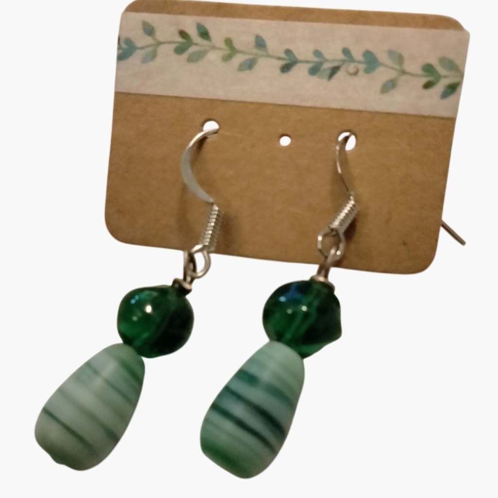 Green White Dangle Earrings Striped Glass Bead Handcrafted
